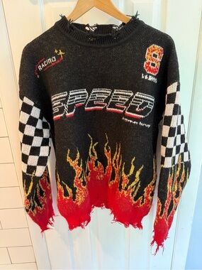 Women’s Race Themed Sweater with frayed edges and unique print, size Medium